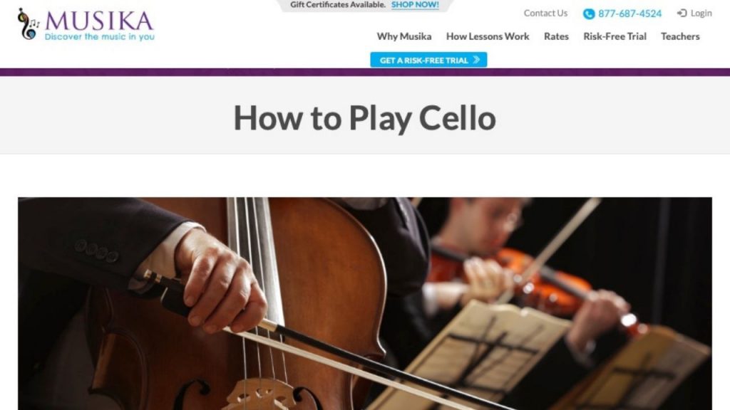 Home page of Musika's online cello course