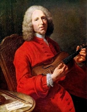 A portrait of Baroque composer Jean Philippe Rameau while holding a violin