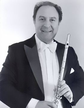 A grayscale photo of famous flute player, Jean Pierre Rampal
