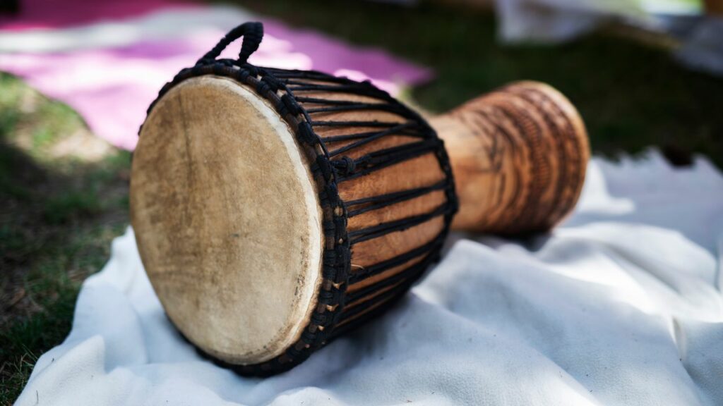 A djembe on a cloth.