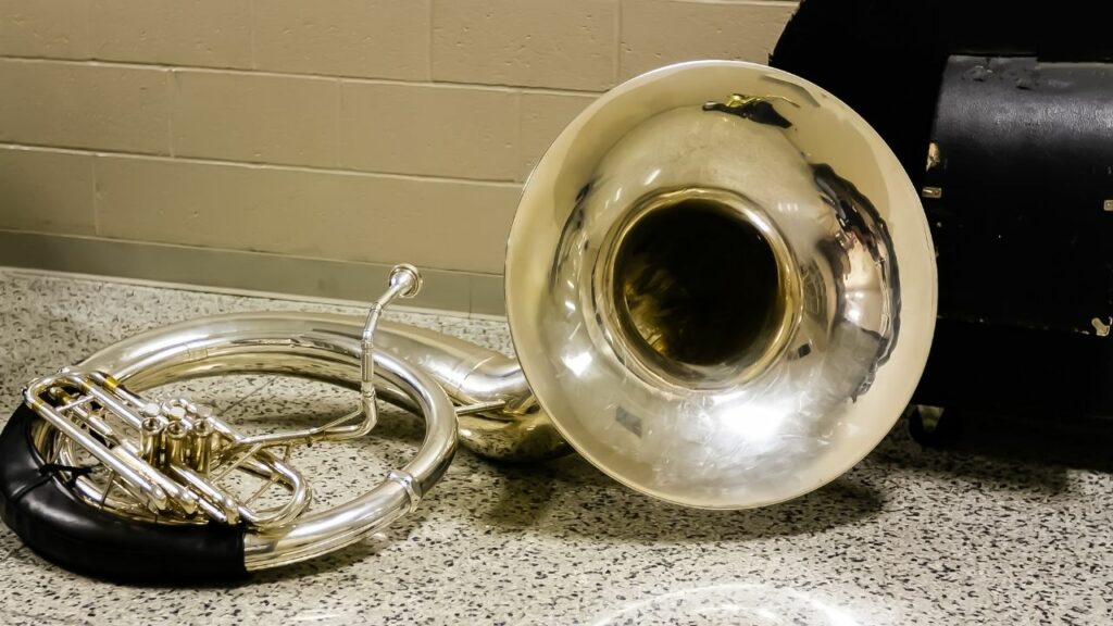 A sousaphone on the floor.