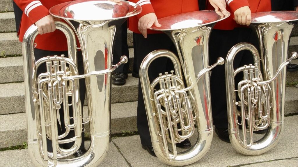 A group of musicians holding their tubas.