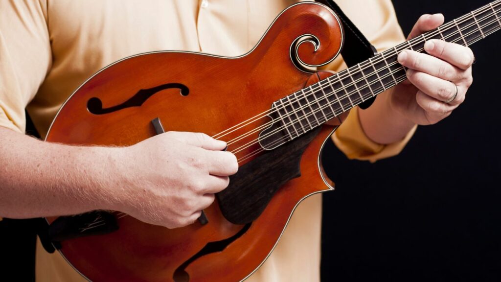 A person holding a mandolin.