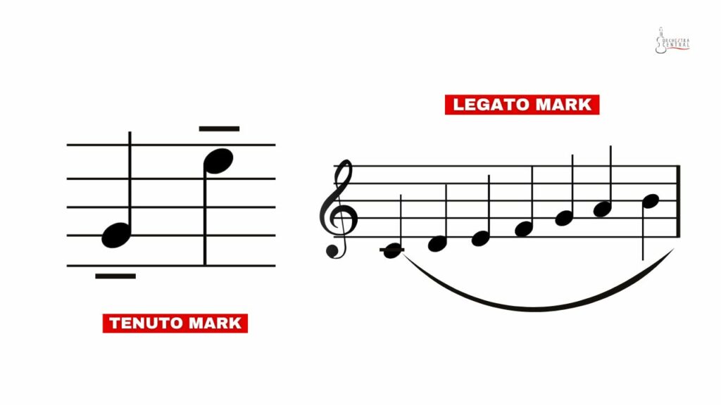 diagram showing the difference of a tenuto vs legato mark