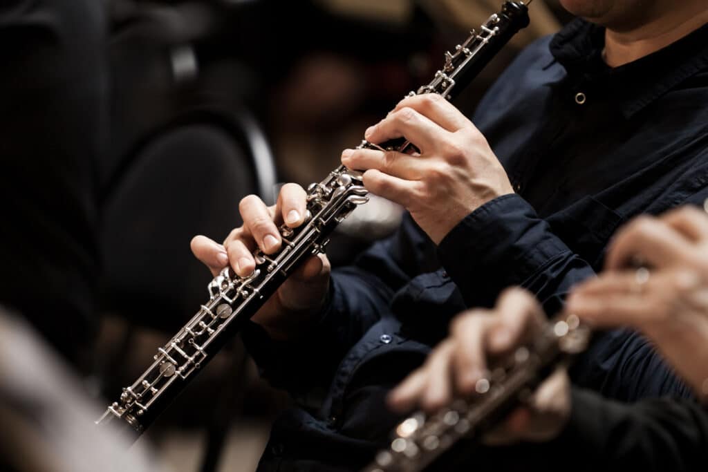 Hands Of A Musician Playing The Oboe In An Orchestra