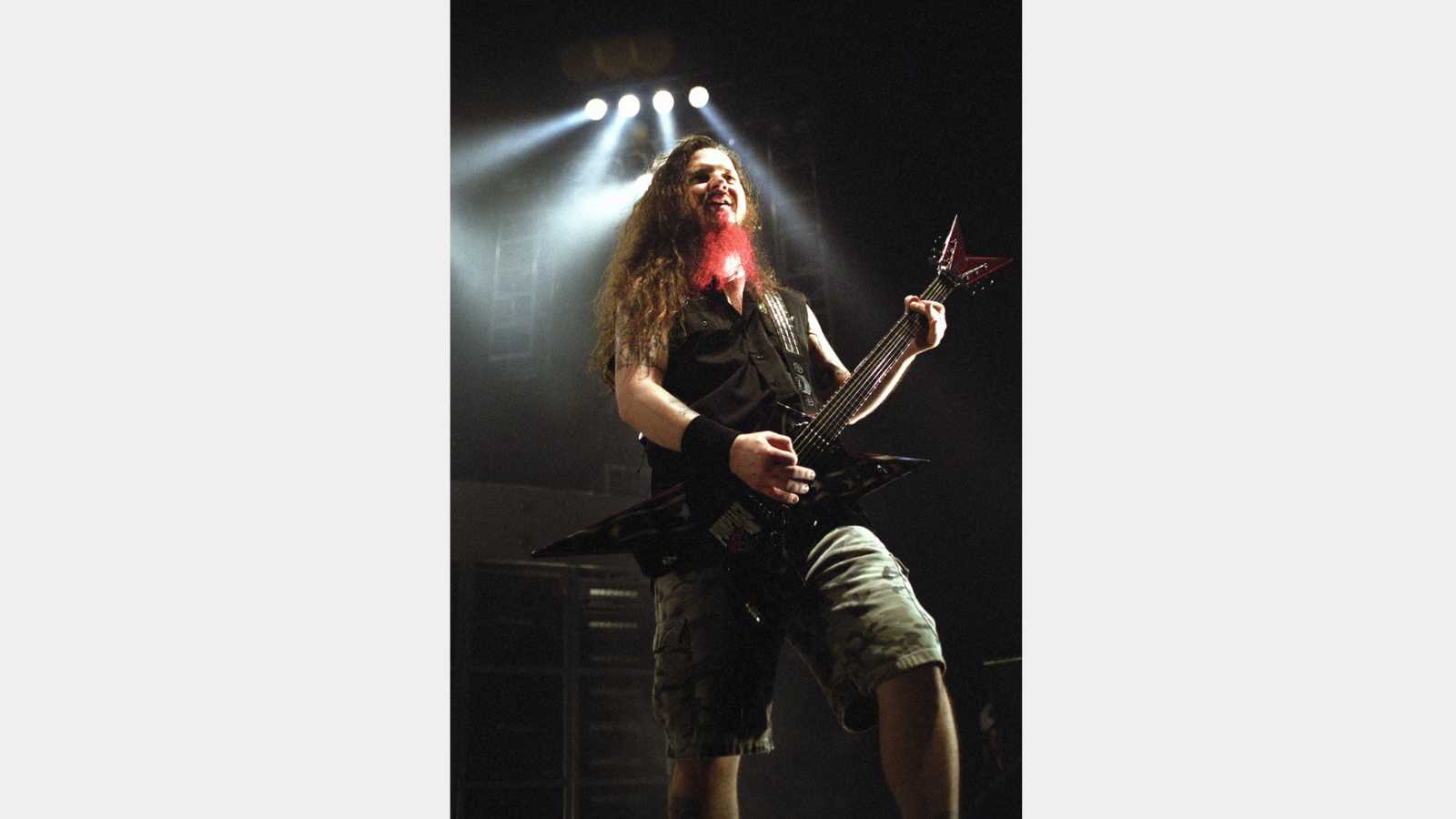 DENVER - FEBRUARY 13: Darrell Dimebag Abbott guitarist for the Heavy Metal band Pantera performs live in concert February 13, 2001 at the Coliseum in Denver, CO.
