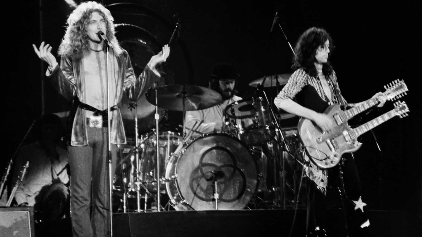Uniondale, NY / USA - February 13, 1975: Robert Plant and Jimmy Page of legendary rock band Led Zeppelin perform at Nassau Coliseum on their 1975 North American tour.