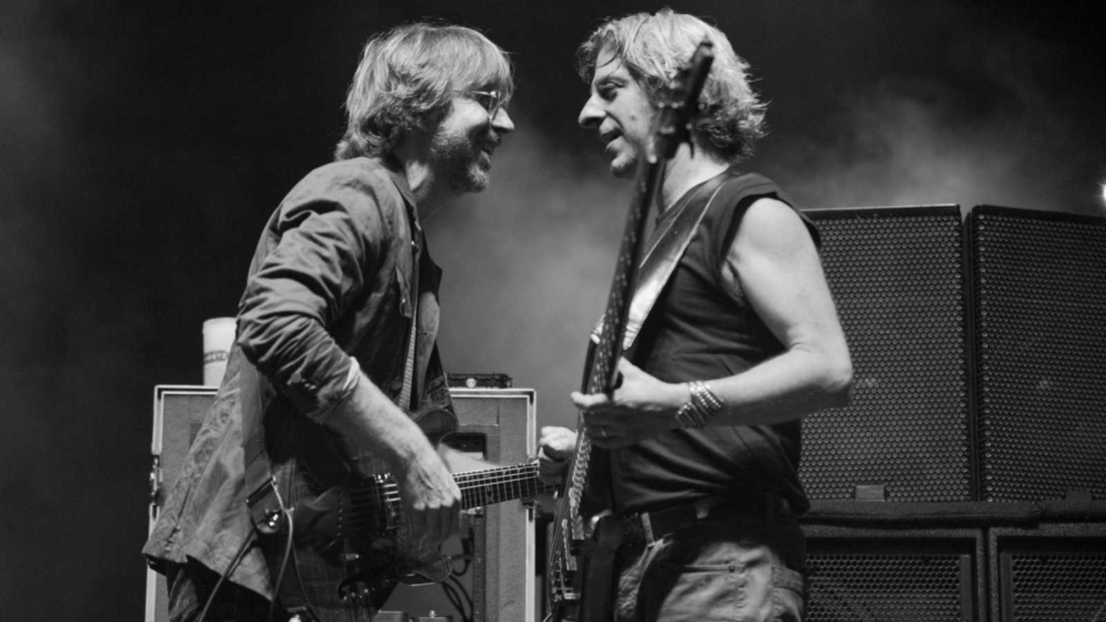 LONG BEACH, CA - AUG 15: Trey Anastasio and Mike Gordon of Phish perform at the Long Beach Arena on August 15, 2012 in Long Beach, California.
