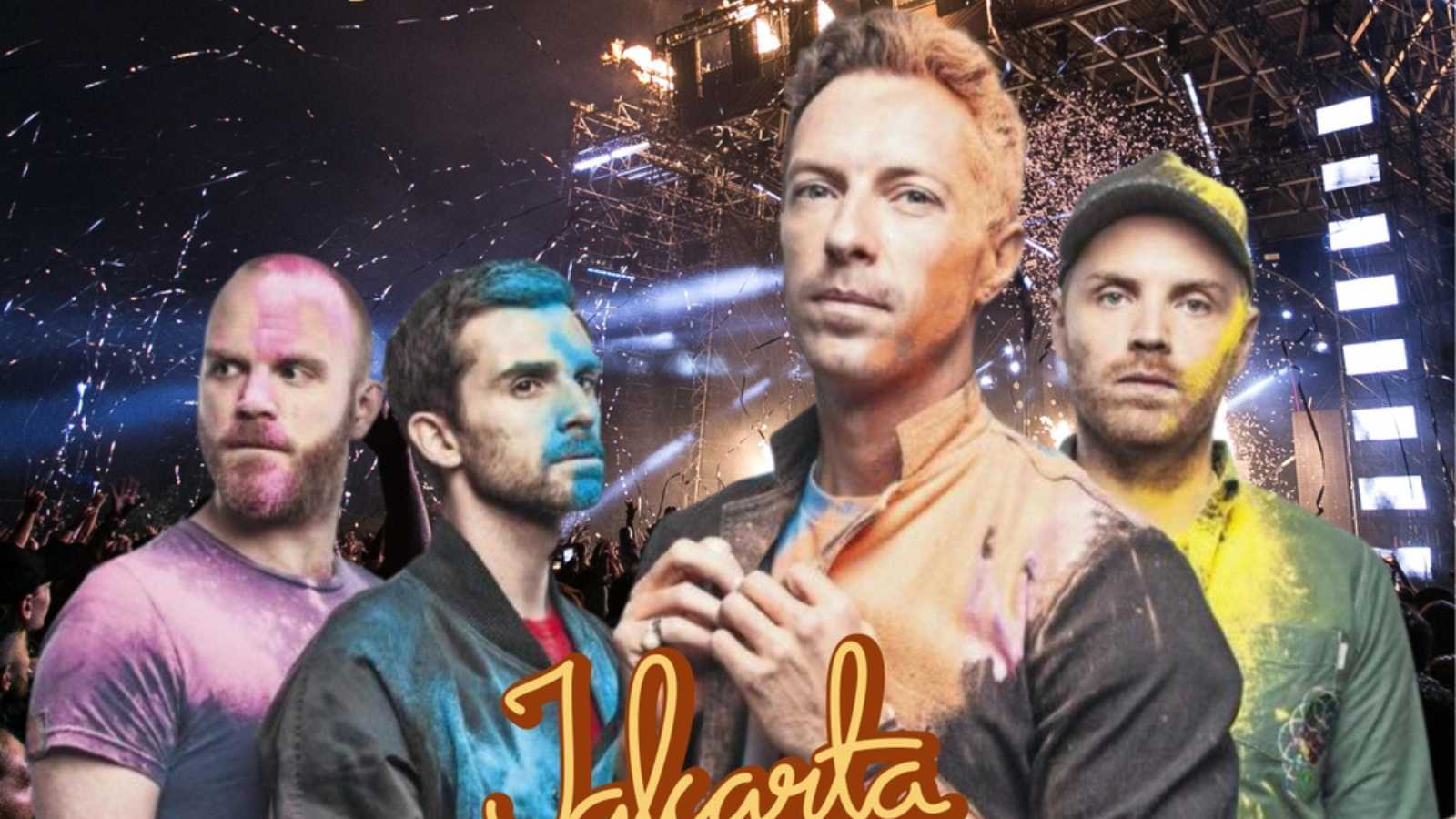 Jakarta, Indo-may 15th 2023, Unofficial creative poster design of coldplay band group for a concert in jakarta on wednesday, nov 15, 2023. Jakarta and coldplay writing with a music concert background