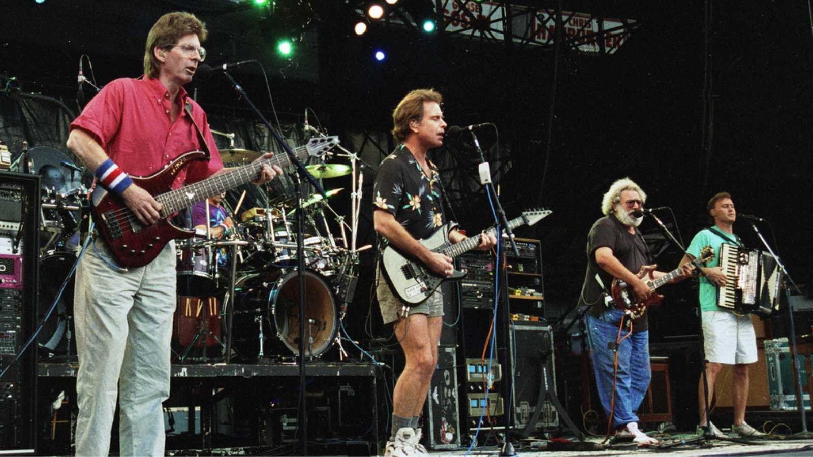 WASHINGTON, D.C. - JUNE 20: The Grateful Dead in concert in Washington, D.C., on Saturday, June 20, 1992. From left, Phil Lesh, Bob Wier, Jerry Garcia, and Bruce Hornsby.