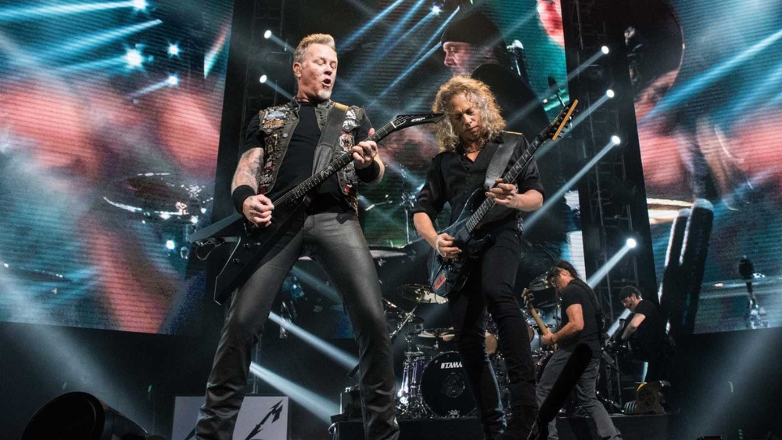HONG KONG - January 20, 2017: American heavy metal band Metallica show, Vocalist James Hetfield with Guitarist Kirk Hammett performed on stage