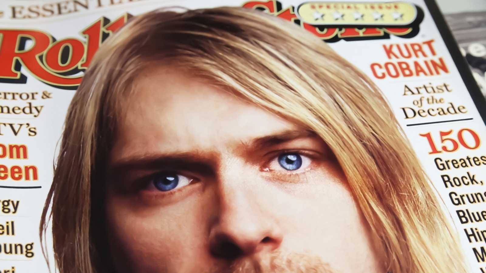 Viersen, Germany - March 9. 2023: Closeup of rolling stone magazin cover with portrait of Nirvana singer Kurt Cobain in the 90s (focus on center)